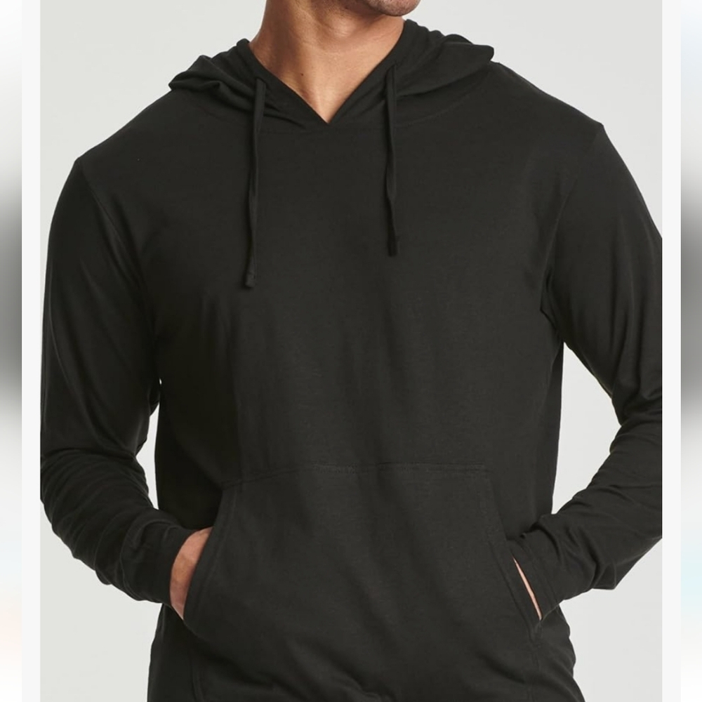 Men's "BLACK" Cotton Leight Weight Long Sleeve Hoodie Shirt Drawstring w/ Pocket